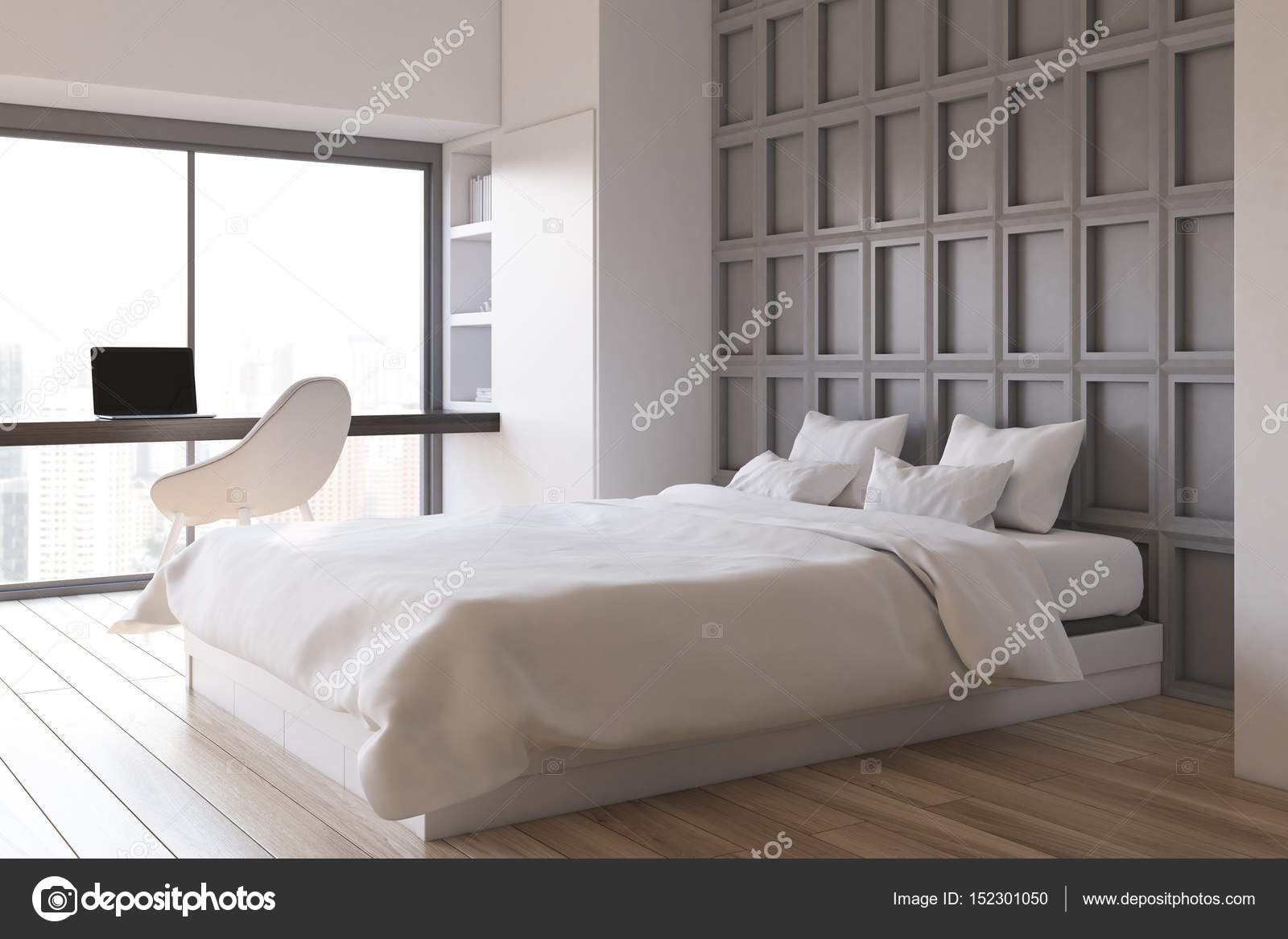 Bedroom With Computer Table Side Stock Photo