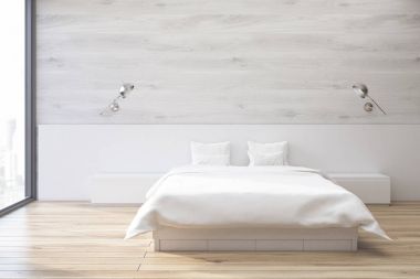 Bir adet Çift Kişilik Yatak konumu gri bir duvar ile uzun boylu bir pencere yakınında olan minimalist yatak odası iç. 3D render.
