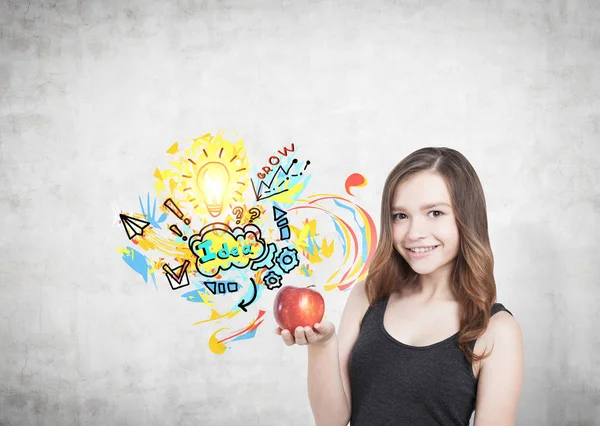 Chica con idea de manzana y nutrición —  Fotos de Stock