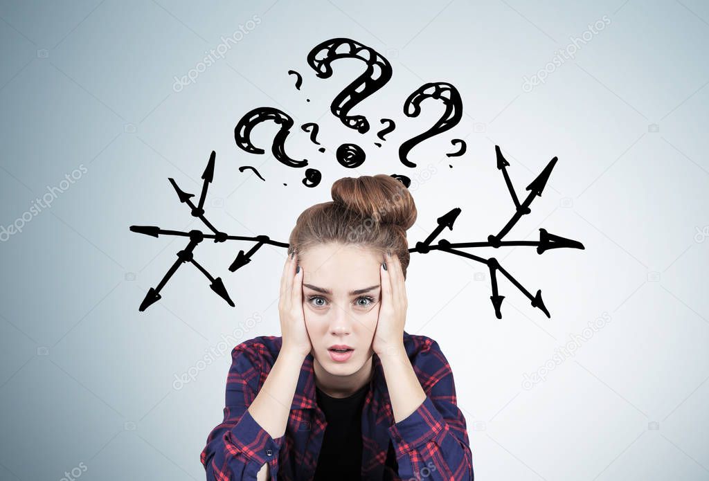 Stressed teen girl, questions and arrows