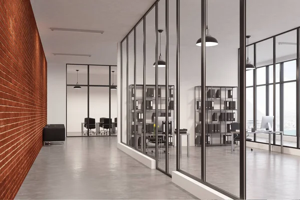 Office folyosó, tégla, üveg falak — Stock Fotó