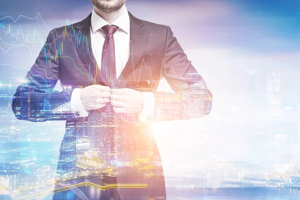 Man buttoning suit in a city — Stock Photo, Image