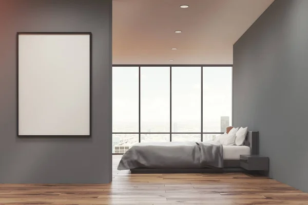 Graues Schlafzimmer mit Poster, Seite — Stockfoto