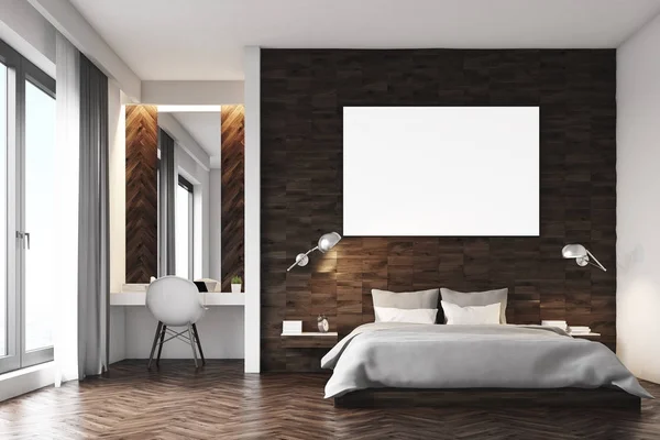 Donkere houten slaapkamer, voorzijde — Stockfoto