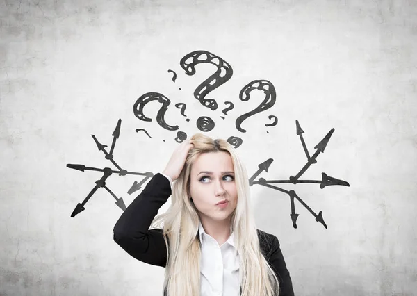 Confused woman, questions and arrows — Stock Photo, Image