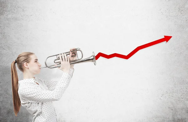 Girl with trumpet and red graph — Stock Photo, Image