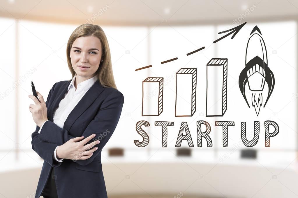 Businesswoman with marker and start up