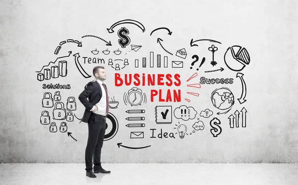 Confident bearded man and business plan