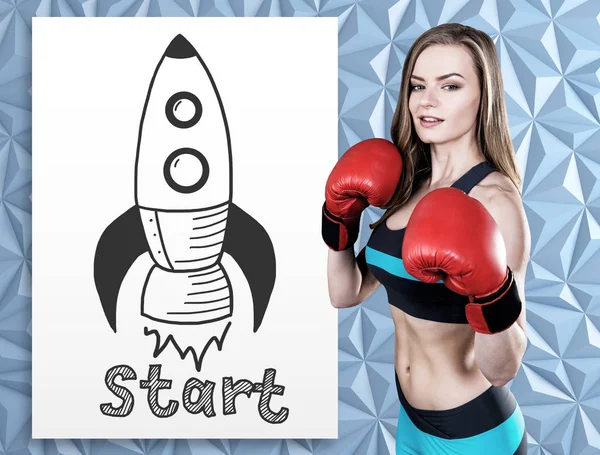 Boxeo mujer y poner en marcha cohete cartel —  Fotos de Stock