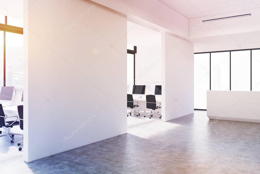 White open office and reception, side, toned