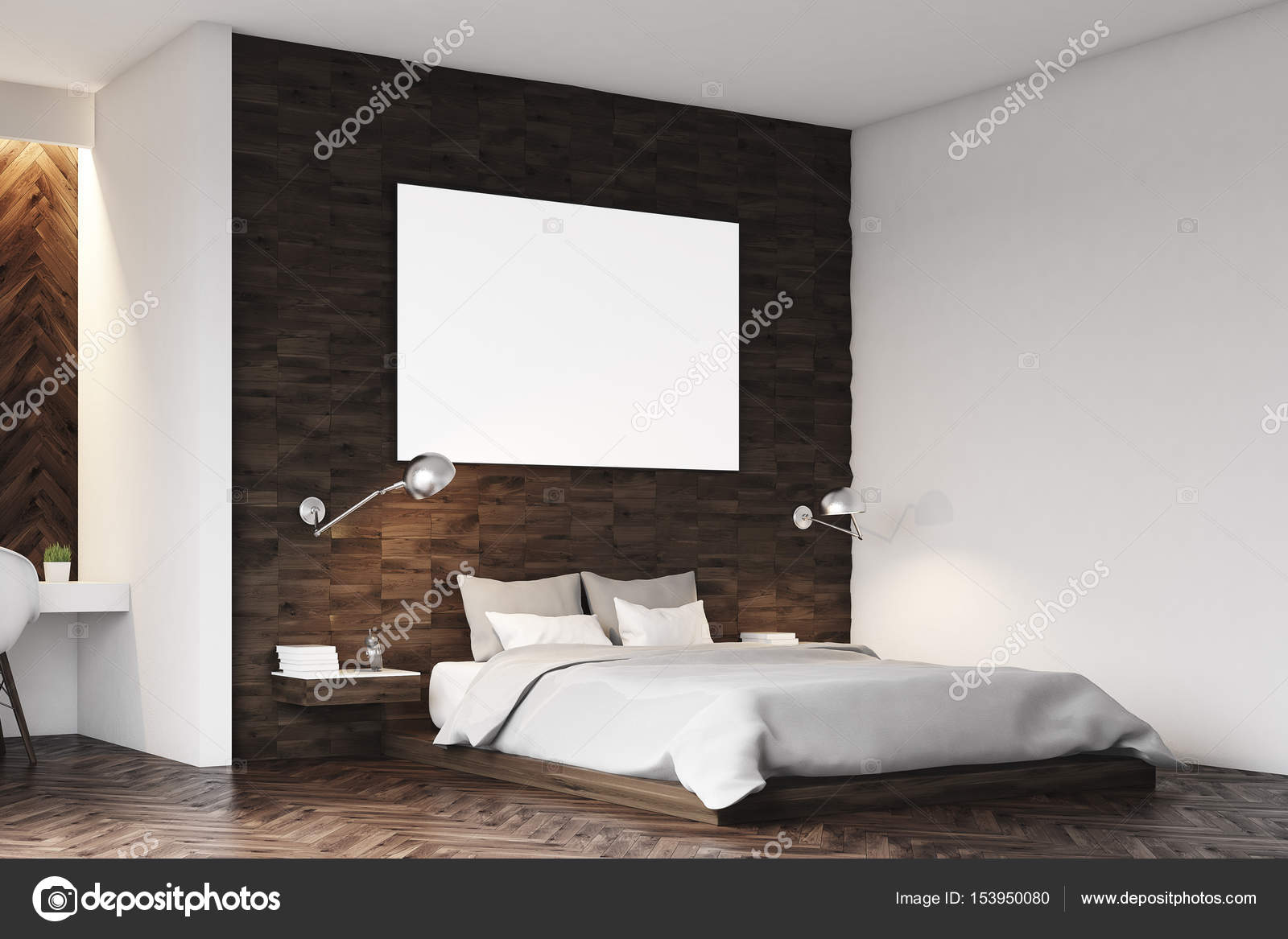 Dunkles Holz Schlafzimmer, Seite — Stockfoto © denisismagilov #153950080 Dunkles Holz Schlafzimmer, Seite — Stockfoto © denisismagilov #153950080