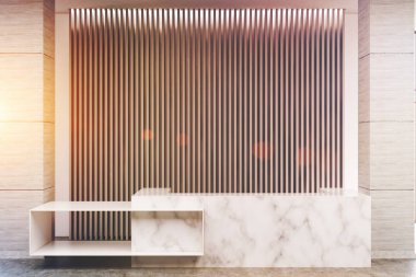 Beyaz mermer Resepsiyon, gri güneşlikler, tonda