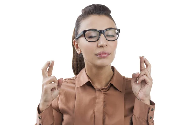 Businesswoman with crossed fingers, isolated — Stock Photo, Image