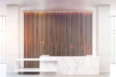 Beyaz mermer Resepsiyon tonda, ahşap perdeler,