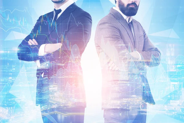 Two businessmen, night city and graphs — Stock Photo, Image
