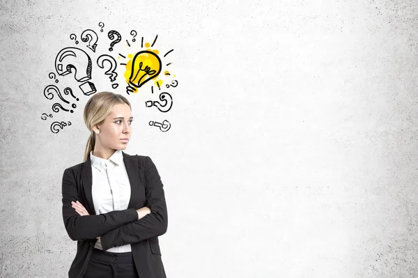 Confident businesswoman, bulb and questions — Stock Photo, Image