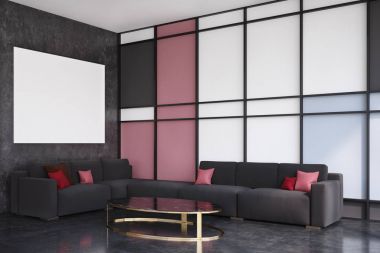 Siyah ve kırmızı oturma odası, yan görünüm