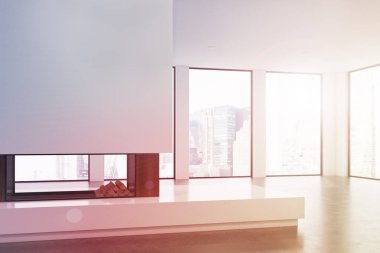 Boş oturma odası, şömine, köşe, tonda