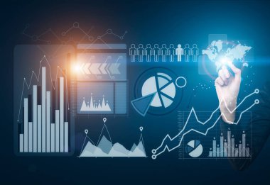 İşadamı s el ve mavi glassboard, grafikler