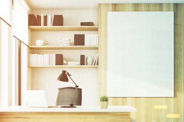 Hafif ahşap ofis, yakın çekim, tonda