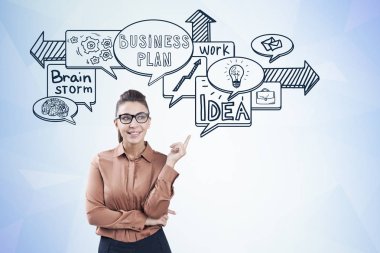 İş planı işaret gözlüklü genç kadın