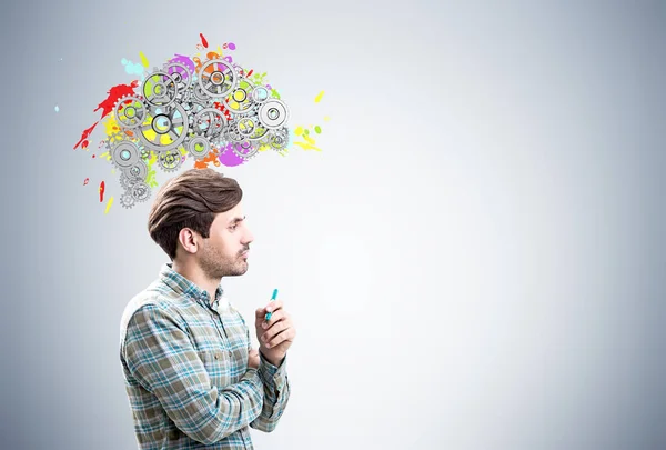 Hombre con marcador, cerebro y dientes — Foto de Stock