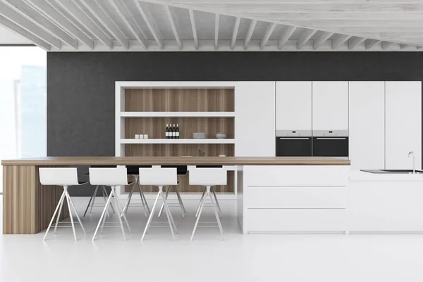 Black wall kitchen with a bar — Stock Photo, Image