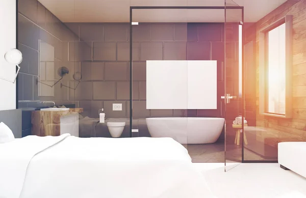 Dormitorio con baño gris, frente, tonificado — Foto de Stock