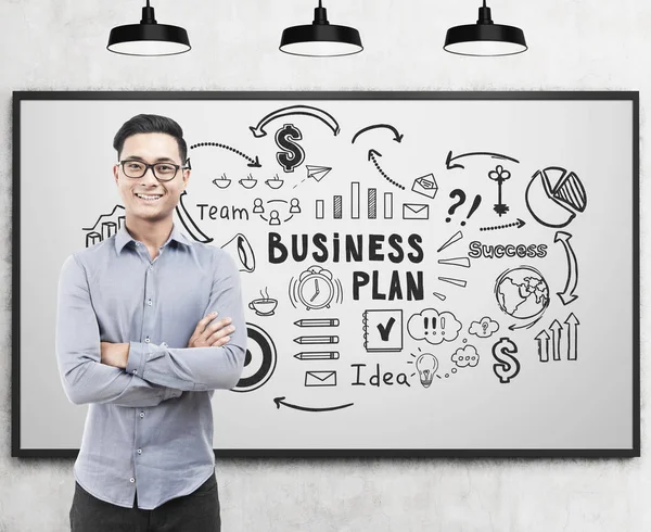 Hombre de negocios asiático en gafas y plan de negocios —  Fotos de Stock