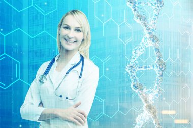 Sarışın bir kadın doktor ve tonda bir Dna zinciri