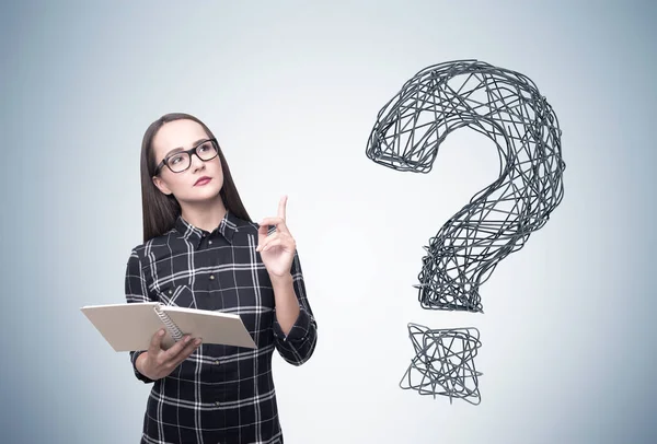 Nerdy girl with gray wire question mark — Stock Photo, Image
