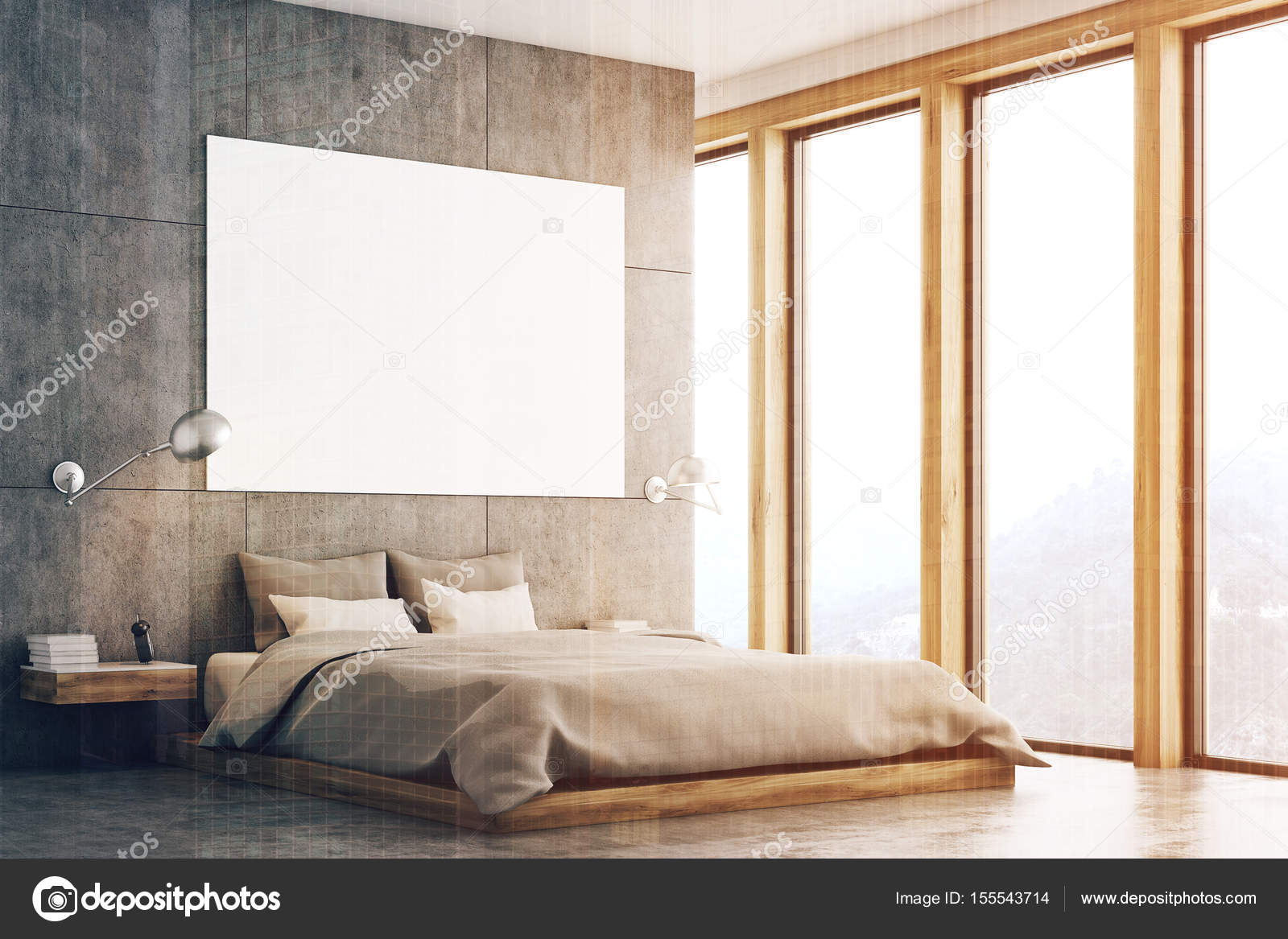 Grijze slaapkamer met poster en venster toned — Stockfoto ... Grijze slaapkamer met poster en venster toned — Stockfoto ...