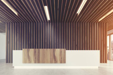 Beyaz ve ahşap Resepsiyon, yakın çekim ışık