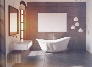 Gri banyo, ayna ve poster