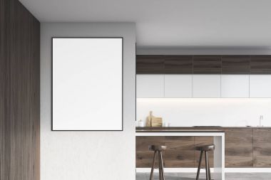 Koyu ahşap mutfak bar ve poster