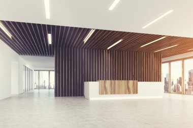 Beyaz ve açık ahşap Resepsiyon köşe tonda