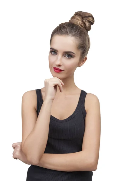 Pensive woman in a black tank top isolated — Stock Photo, Image