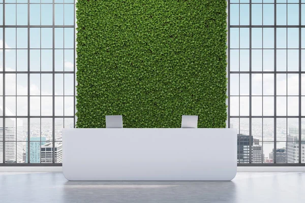 Green wall reception counter — Stock Photo, Image