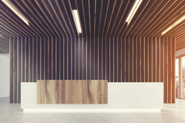 Beyaz ve ahşap Resepsiyon, yakın çekim ışık