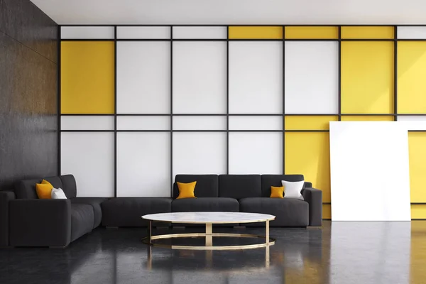 Svarta och gula vardagsrum, framifrån — Stockfoto