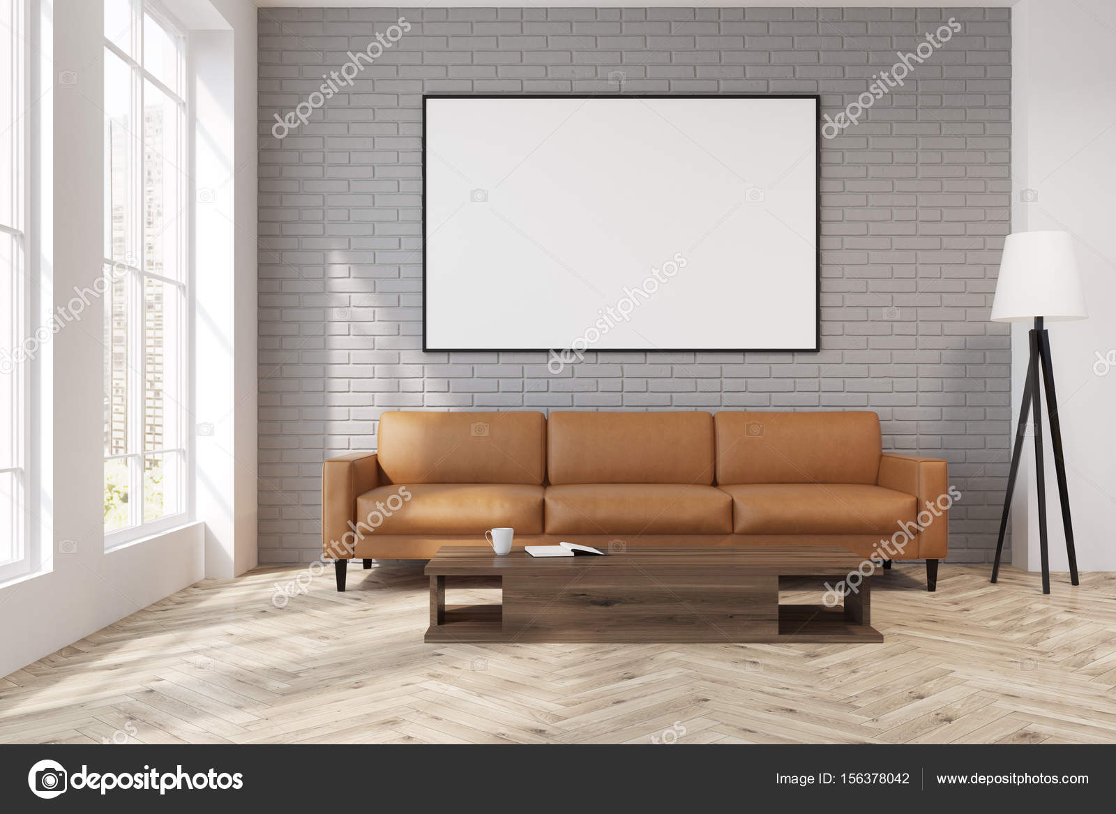 GrÃ¥ vardagsrum med en beige soffa, affisch, lampa — stockfotografi ...