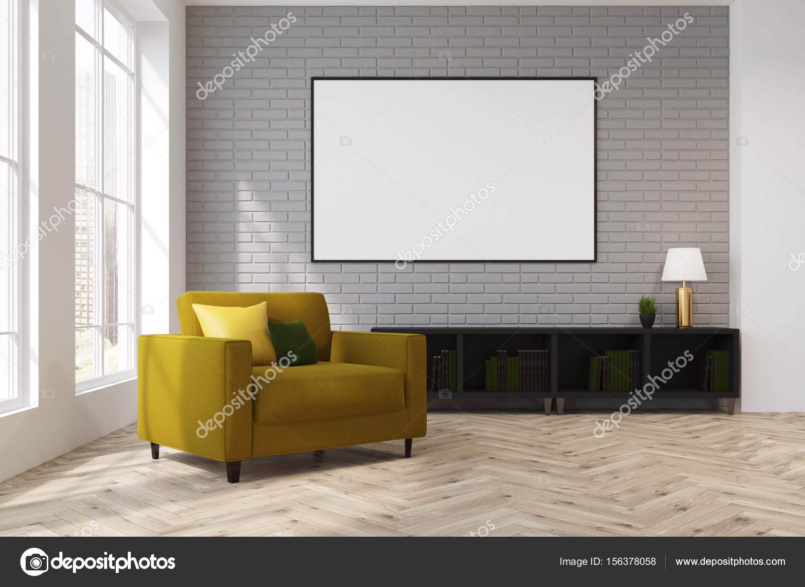 Graue Wohnzimmer mit einem gelben Sessel, Plakat — Stockfoto ... Graue Wohnzimmer mit einem gelben Sessel, Plakat — Stockfoto ...