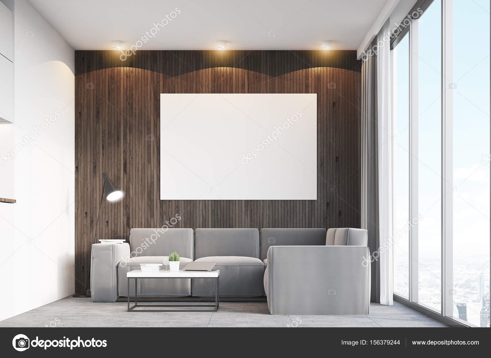 Dark Wooden Living Room And Poster Stock Photo Denisismagilov Living Room Interior With Dark Wooden Walls A Gray Sofa And An Armchair Horizontal Poster On The Wall 3d Rendering Mock Up Photo By