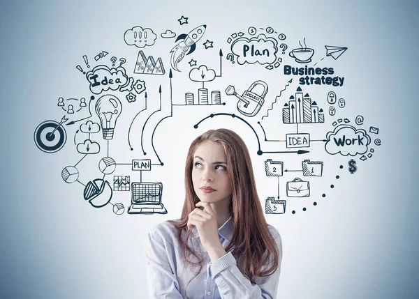 Pensive fair hair girl and business strategy — Stock Photo, Image