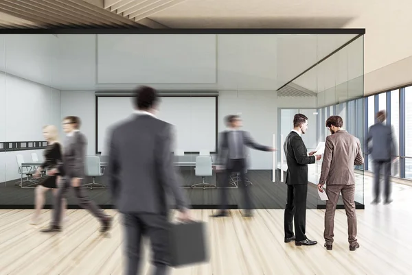 Blue transparent office hall, business people — Stock Photo, Image