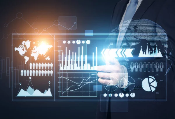 Die Hand des Menschen interagiert mit Diagrammen — Stockfoto