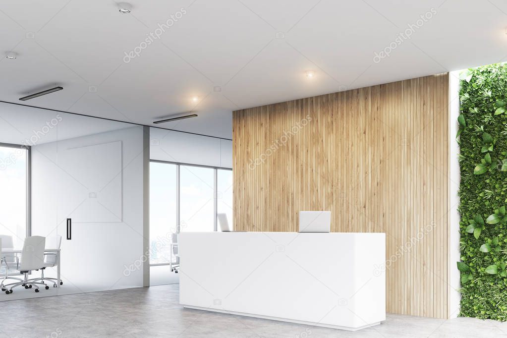 White reception, grass office, corner
