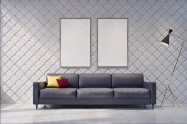 Bir beyaz oturma odasında gri kanepe