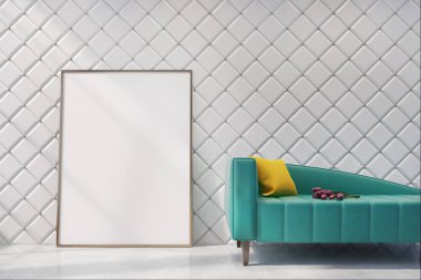 Yeşil kanepe beyaz oturma odasında yakın çekim