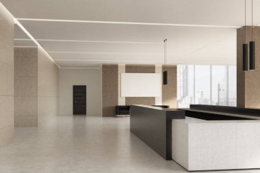 Karanlık Resepsiyon sayaç ve bej duvar, yan